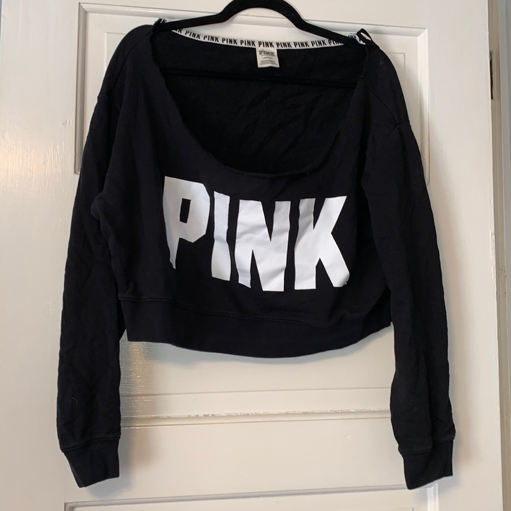 Victoria’s Secret PINK off the shoulder crop pullover sweatshirt top black